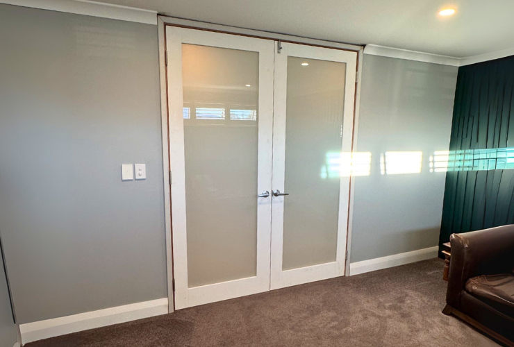 Second fix internal frosted glass double doors installed by EJ Carpentry